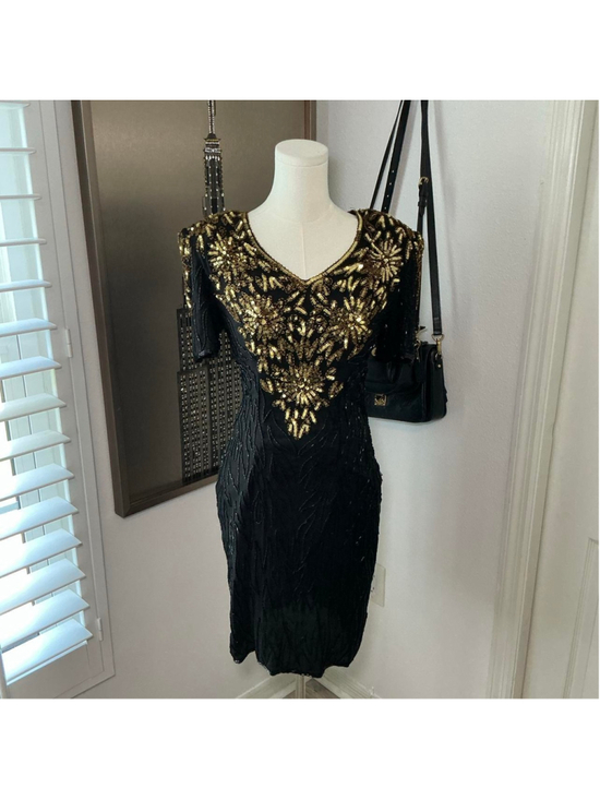 unbranded Dresses & Skirts - Vintage Sténay Black Gold Sequin Beaded Silk Cocktail Dress Size 6